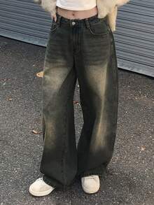 DAZY Vintage Washed Yellow Loose Wide Leg Casual Street Vacation Korean Style Autumn/Winter Long Jeans For Women - Blue - View 5