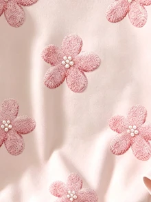 SHEIN 女童淺粉色圓領抓絨衛衣，秋冬仿3D毛絨珍珠花卉印花上衣，柔軟休閒仙女公主風套頭內搭層 - 彩色 - 查看 5
