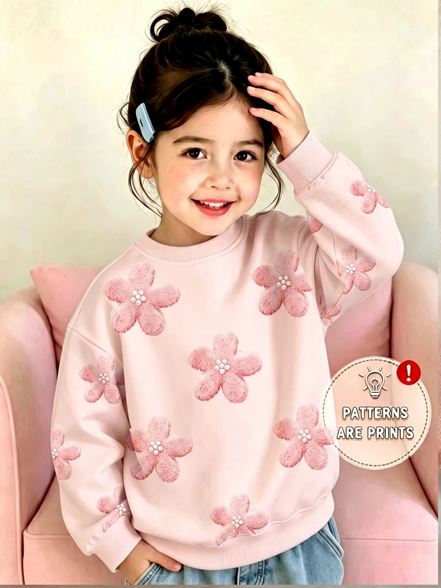 SHEIN 女童淺粉色圓領抓絨衛衣，秋冬仿3D毛絨珍珠花卉印花上衣，柔軟休閒仙女公主風套頭內搭層