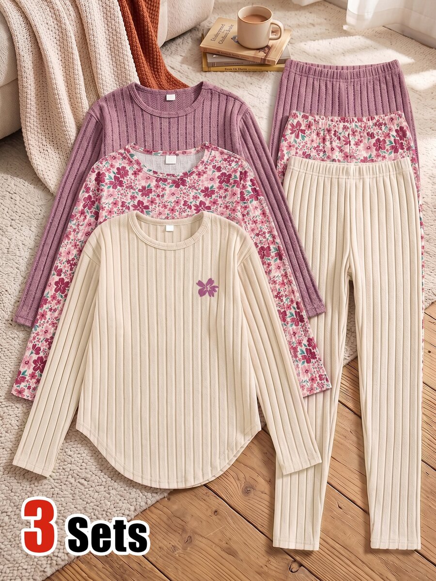 SHEIN 女童3件套溫柔復古休閒端莊風花卉長袖上衣修身長褲小花紫色亮粉色米色,秋季 - 粉色 - 查看 1
