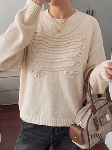Easura Sweater Kasual Longgar Leher Bulat Bahu Jatuh Warna Polos untuk Wanita Ukuran Besar Musim Gugur/Dingin, Atasan Pullover Rajut Lembut Santai dengan Motif Tali Terpilin, Bordir Bunga dan Ruyi - Aprikot - View 8