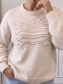 Easura Sweater Kasual Longgar Leher Bulat Bahu Jatuh Warna Polos untuk Wanita Ukuran Besar Musim Gugur/Dingin, Atasan Pullover Rajut Lembut Santai dengan Motif Tali Terpilin, Bordir Bunga dan Ruyi - Aprikot - View 2