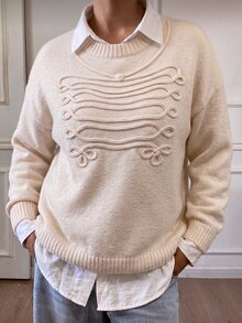 Easura Sweater Kasual Longgar Leher Bulat Bahu Jatuh Warna Polos untuk Wanita Ukuran Besar Musim Gugur/Dingin, Atasan Pullover Rajut Lembut Santai dengan Motif Tali Terpilin, Bordir Bunga dan Ruyi - Aprikot - View 4