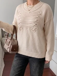 Easura Sweater Kasual Longgar Leher Bulat Bahu Jatuh Warna Polos untuk Wanita Ukuran Besar Musim Gugur/Dingin, Atasan Pullover Rajut Lembut Santai dengan Motif Tali Terpilin, Bordir Bunga dan Ruyi - Aprikot - View 9