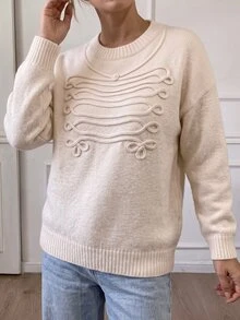 Easura Sweater Kasual Longgar Leher Bulat Bahu Jatuh Warna Polos untuk Wanita Ukuran Besar Musim Gugur/Dingin, Atasan Pullover Rajut Lembut Santai dengan Motif Tali Terpilin, Bordir Bunga dan Ruyi - Aprikot - View 5