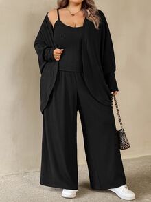 SHEIN CURVE+ Plus-Size Casual Workwear Solid Color Batwing Sleeve Jacket And Pants 2-Piece Set - Black - View 4