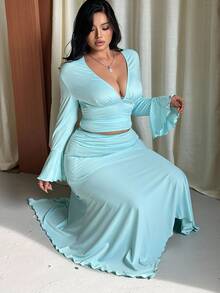 GalTyme Plus Size Women Solid Color Deep V-Neck Bell Sleeve Top And Pleated Asymmetric Hem Skirt Fashion 2 Pieces Set Fall - Mint Green - View 6