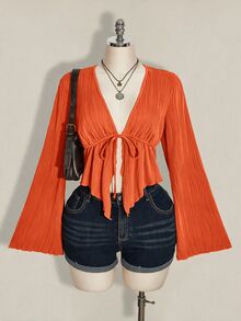 SHEIN ICON Women's Plus Size Textured Black Front Tie Top - Orange - View 3