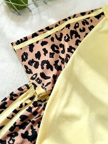 SHEIN 少女針織蝴蝶結T恤套裝，休閒可愛復古寬鬆圖案豹紋，適合秋季返校、戶外運動與日常穿著，舒適舒適 - 米色 - 查看 5