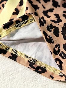 SHEIN 少女針織蝴蝶結T恤套裝，休閒可愛復古寬鬆圖案豹紋，適合秋季返校、戶外運動與日常穿著，舒適舒適 - 米色 - 查看 6