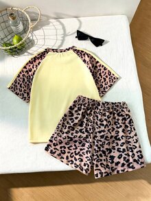 SHEIN 少女針織蝴蝶結T恤套裝，休閒可愛復古寬鬆圖案豹紋，適合秋季返校、戶外運動與日常穿著，舒適舒適 - 米色 - 查看 2