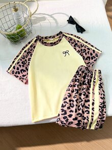 SHEIN 少女針織蝴蝶結T恤套裝，休閒可愛復古寬鬆圖案豹紋，適合秋季返校、戶外運動與日常穿著，舒適舒適 - 米色 - 查看 7