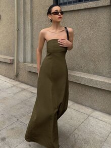 Livesso Long Sleeveless Solid Color Dress, Elegant Design Suitable For Vacation, Spring And Summer Sundress Linen Maxi Dress - Brown - View 5