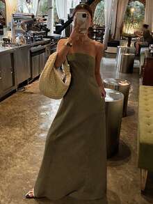Livesso Long Sleeveless Solid Color Dress, Elegant Design Suitable For Vacation, Spring And Summer Sundress Linen Maxi Dress - Brown - View 1