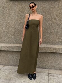 Livesso Long Sleeveless Solid Color Dress, Elegant Design Suitable For Vacation, Spring And Summer Sundress Linen Maxi Dress - Brown - View 4