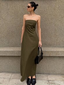 Livesso Long Sleeveless Solid Color Dress, Elegant Design Suitable For Vacation, Spring And Summer Sundress Linen Maxi Dress - Brown - View 3