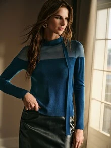 MOTF PREMIUM WOMEN'S SOLID COLOR KNOTTED COLLAR PATCHWORK SHEER MESH SLIM FIT SWEATER - Blue Power - View 5