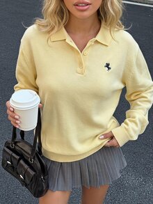 Muchica 女款秋冬新款奶油黃POLO領寬鬆半開鈕扣針織開襟毛衣 - 淡黃色 - 查看 1