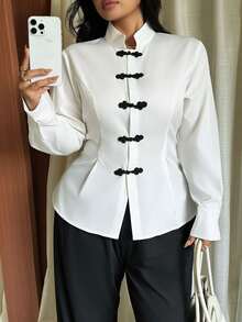 GalTyme Women's Autumn/Winter New Plus Size Modern Chinese Style White Minimalist Shirt - White - View 4