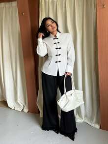 GalTyme Women's Autumn/Winter New Plus Size Modern Chinese Style White Minimalist Shirt - White - View 3