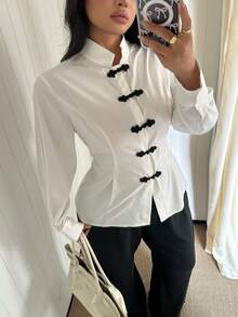 GalTyme Women's Autumn/Winter New Plus Size Modern Chinese Style White Minimalist Shirt - White - View 6