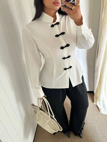 GalTyme Women's Autumn/Winter New Plus Size Modern Chinese Style White Minimalist Shirt - White - View 5