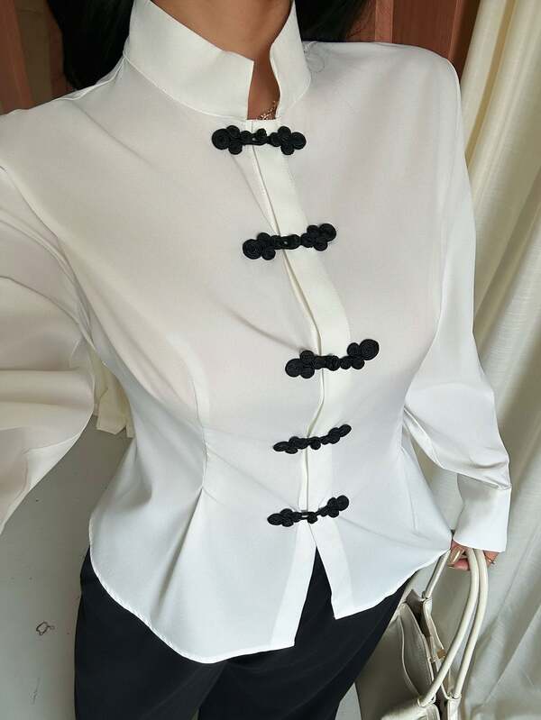 GalTyme Women's Autumn/Winter New Plus Size Modern Chinese Style White Minimalist Shirt