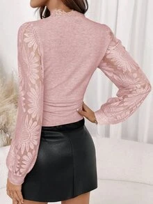 Editum Women's Elegant V-Neck Long Sleeve Lace Trim Fitted Knit Top,Dusty Pink Autumn Blouse For Dinner Date, Pleated Commuting Top,Autumn/Winter Blouse - Pink - View 6