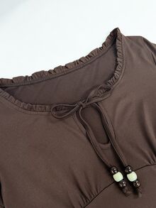 Lalippa Women's Casual Solid Color Bell Sleeve Top, Autumn - Brown - View 3