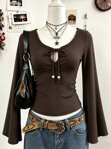 Lalippa Women's Casual Solid Color Bell Sleeve Top, Autumn - Brown - View 1