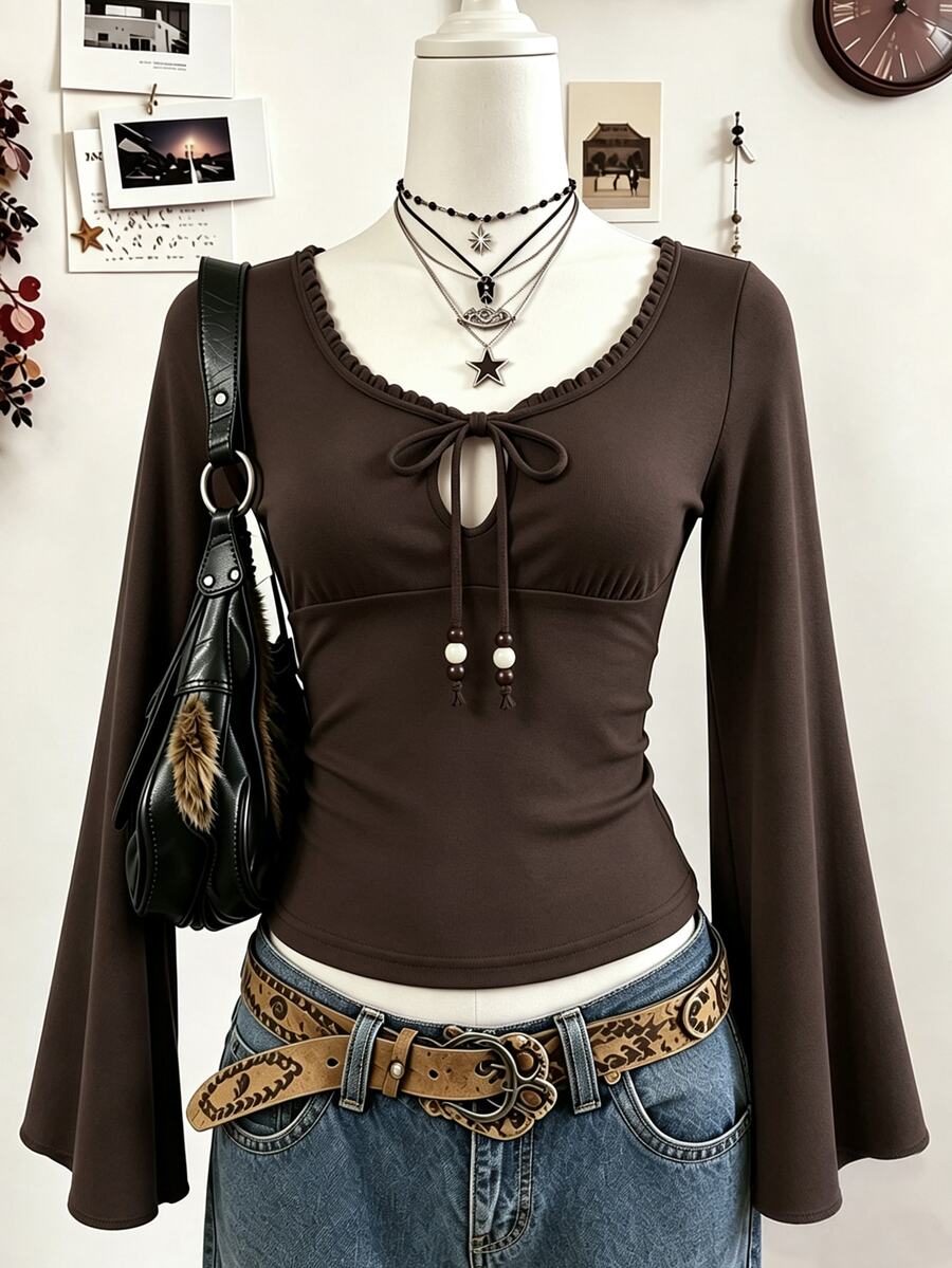 Lalippa Women's Casual Solid Color Bell Sleeve Top, Autumn - Brown - View 1