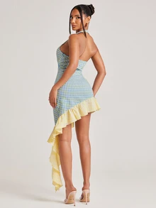 NYA SZN Dress Mini Length High Low Hem Fitted Sexy Gingham Color Block Flounce Detail Ruffle Sleeveless Going Out Club Birthday Party Black Yellow Summer Fall - Multicolor - View 2