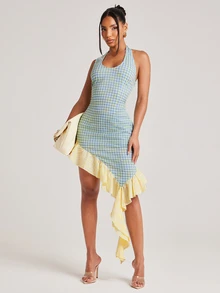 NYA SZN Dress Mini Length High Low Hem Fitted Sexy Gingham Color Block Flounce Detail Ruffle Sleeveless Going Out Club Birthday Party Black Yellow Summer Fall - Multicolor - View 5