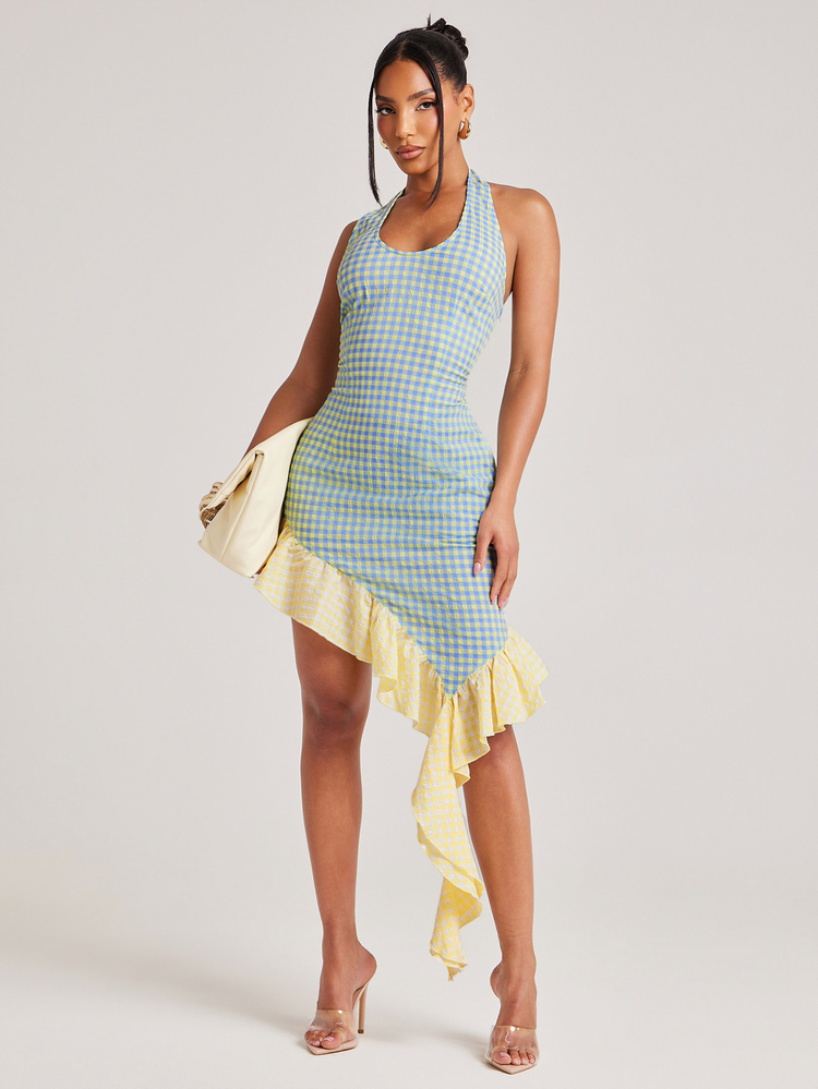 NYA SZN Dress Mini Length High Low Hem Fitted Sexy Gingham Color Block Flounce Detail Ruffle Sleeveless Going Out Club Birthday Party Black Yellow Summer Fall - Multicolor - View 5