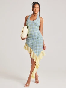 NYA SZN Dress Mini Length High Low Hem Fitted Sexy Gingham Color Block Flounce Detail Ruffle Sleeveless Going Out Club Birthday Party Black Yellow Summer Fall - Multicolor - View 6