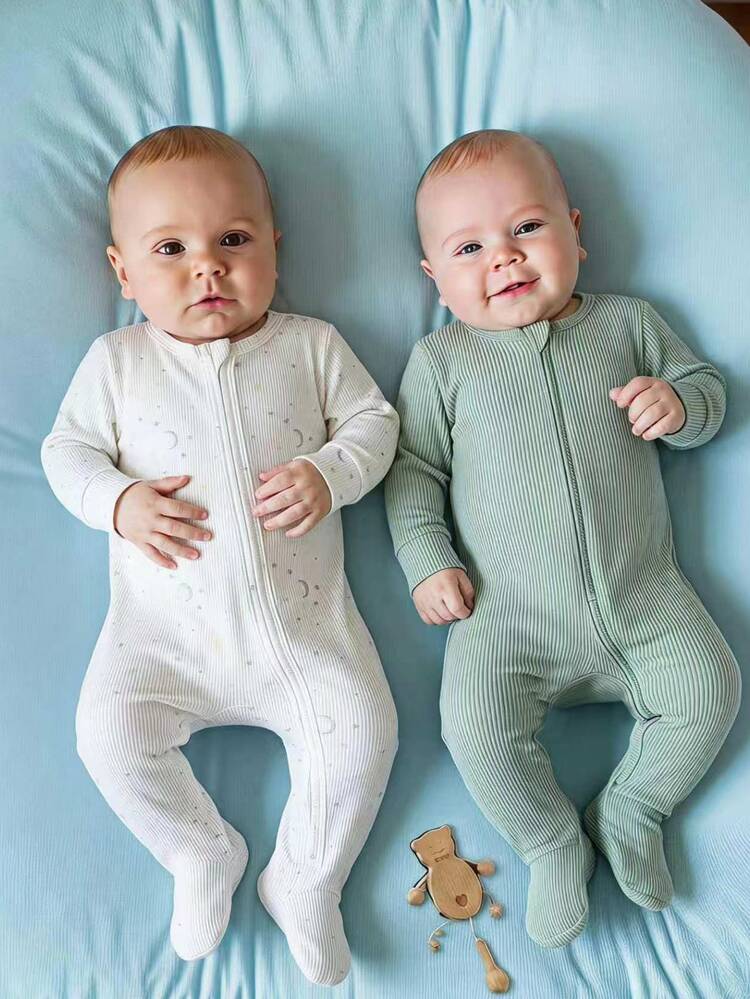 SHEIN Vintaside Kids 2pcs Newborn Baby Boys Ribbed Knit Long Sleeve Footed Jumpsuit With Snap Closure, White Sage Green With Star Moon Print Night Autumn/Winter Kawaii - Multicolor - View 3