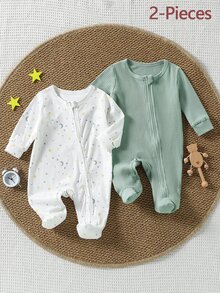 SHEIN 2件裝新生兒男嬰羅紋針織長袖連身褲，附腳套與按扣開襟，白色鼠尾草綠星月印花，秋冬夜穿可愛風 - 彩色 - 查看 6