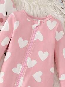 SHEIN 2件組女嬰可愛花卉與愛心印花連身睡衣，白色與粉色，秋冬居家睡衣，前拉鍊設計，彈性柔軟針織，貼身剪裁 - 彩色 - 查看 4