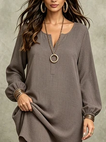 Linhara CURVE Plus Size Vacation Casual Boho Notch V-Neck Long Sleeve Dress Formal Vacation Chocolate Brown Autumn - Coffee Brown - View 3