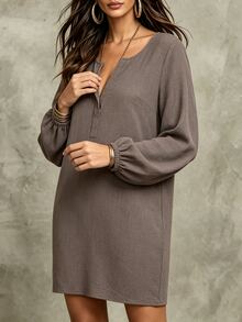 Linhara CURVE Plus Size Vacation Casual Boho Notch V-Neck Long Sleeve Dress Formal Vacation Chocolate Brown Autumn - Coffee Brown - View 6