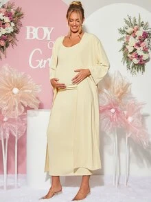 Loomaby Maternity Solid Color Spaghetti Strap Dress And Cardigan Casual 2 Pieces Set Fall - Yellow - View 6