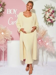 Loomaby Maternity Solid Color Spaghetti Strap Dress And Cardigan Casual 2 Pieces Set Fall - Yellow - View 1