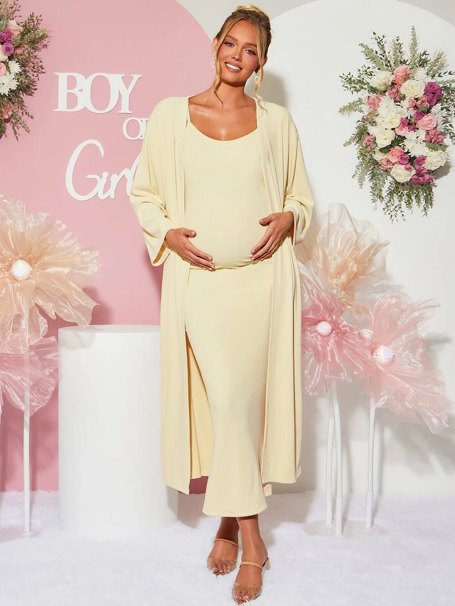 Loomaby Maternity Solid Color Spaghetti Strap Dress And Cardigan Casual 2 Pieces Set Fall - Yellow - View 1