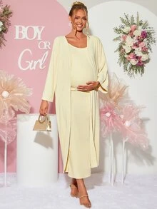 Loomaby Maternity Solid Color Spaghetti Strap Dress And Cardigan Casual 2 Pieces Set Fall - Yellow - View 3