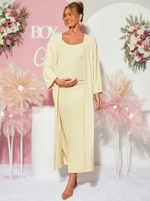 Loomaby Maternity Solid Color Spaghetti Strap Dress And Cardigan Casual 2 Pieces Set Fall - Yellow - View 5