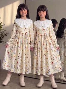 大女孩秋冬杏色小碎花刺繡翻領泡泡長袖抽褶大裙擺梭織印花洋裝，休閒度假通勤復古花洋裝 - 杏色 - 查看 5