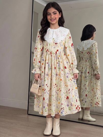 Tween Girl Autumn/Winter Ditsy Floral Embroidered Collared Puff Long Sleeve Ruched Full Skirt Woven Printed Dress Apricot Kids Girls Casual Vacation Commute Dress Vintage Floral Dress