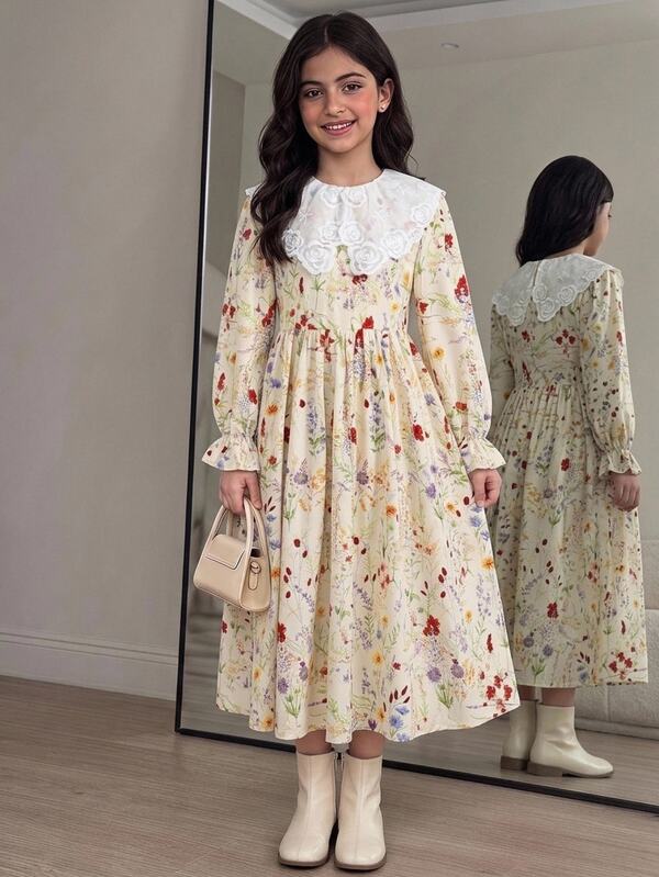 Tween Girl Autumn/Winter Ditsy Floral Embroidered Collared Puff Long Sleeve Ruched Full Skirt Woven Printed Dress Apricot Kids Girls Casual Vacation Commute Dress Vintage Floral Dress
