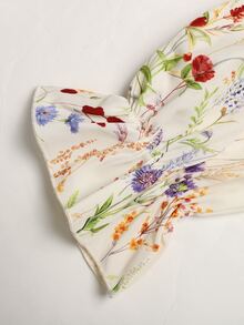 大女孩秋冬杏色小碎花刺繡翻領泡泡長袖抽褶大裙擺梭織印花洋裝，休閒度假通勤復古花洋裝 - 杏色 - 查看 6