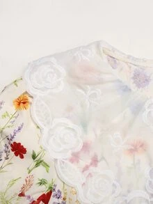 大女孩秋冬杏色小碎花刺繡翻領泡泡長袖抽褶大裙擺梭織印花洋裝，休閒度假通勤復古花洋裝 - 杏色 - 查看 8